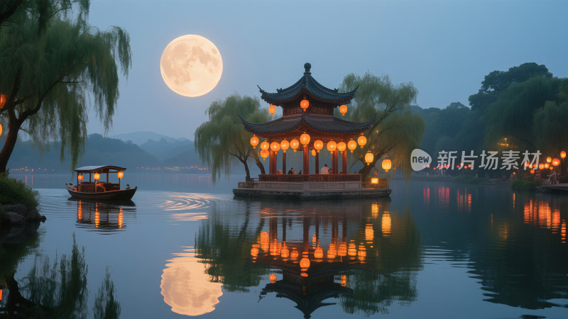 中秋月圆湖心小亭渔船