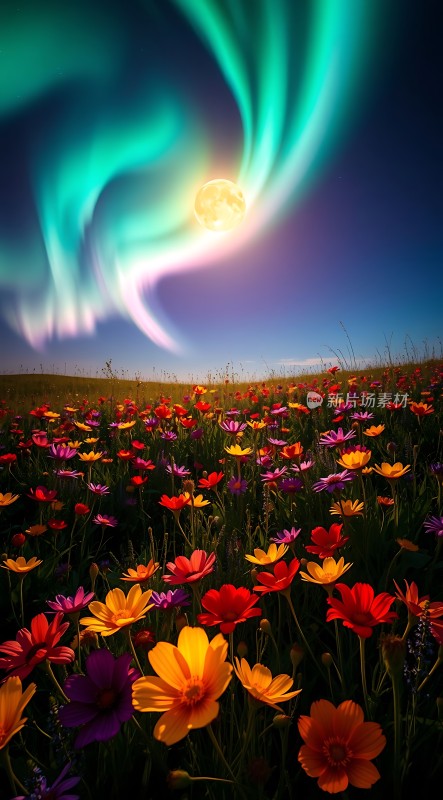 花海映月夜极光舞苍穹