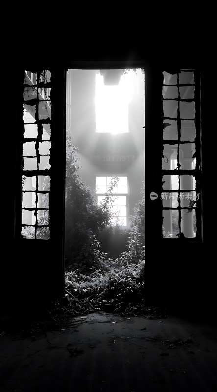 阳光透过破败窗户洒进废弃建筑