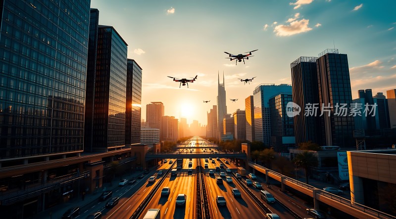 未来之城无人机与摩天大楼共舞