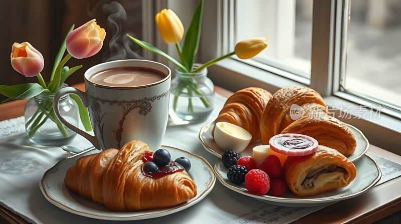 法式早餐可颂面包、水果和咖啡