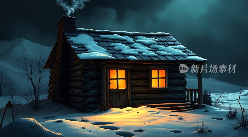 雪夜小木屋温馨灯光