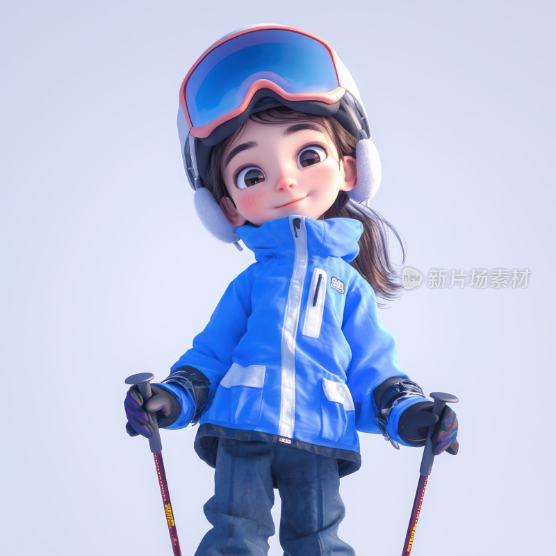 冬季雪地滑雪的男孩女孩3D卡通人物插画