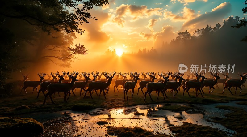 鹿群日落