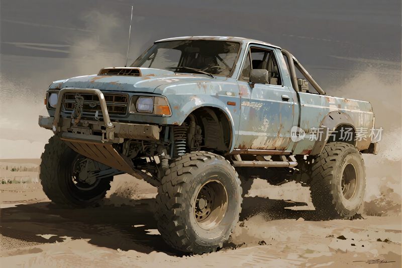 沙漠中行驶的蓝色越野皮卡车