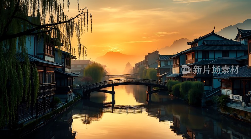 晨光下的古桥水乡