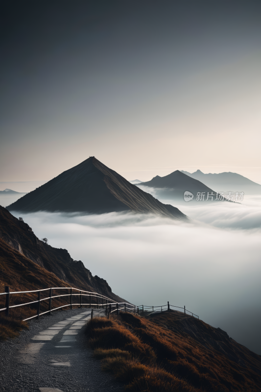 带有栅栏和道路山脉高清风景图片