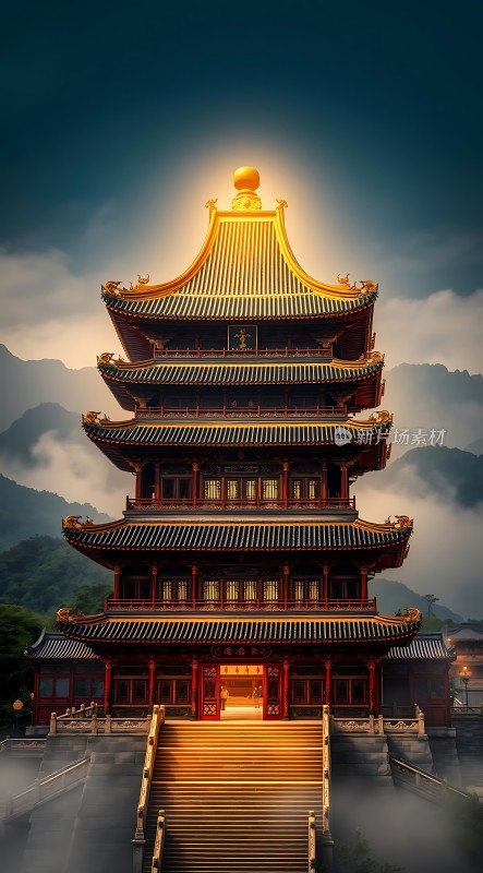 东方神殿金碧辉煌云雾缭绕神秘莫测