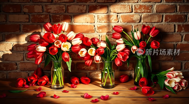 阳光下的红白郁金香