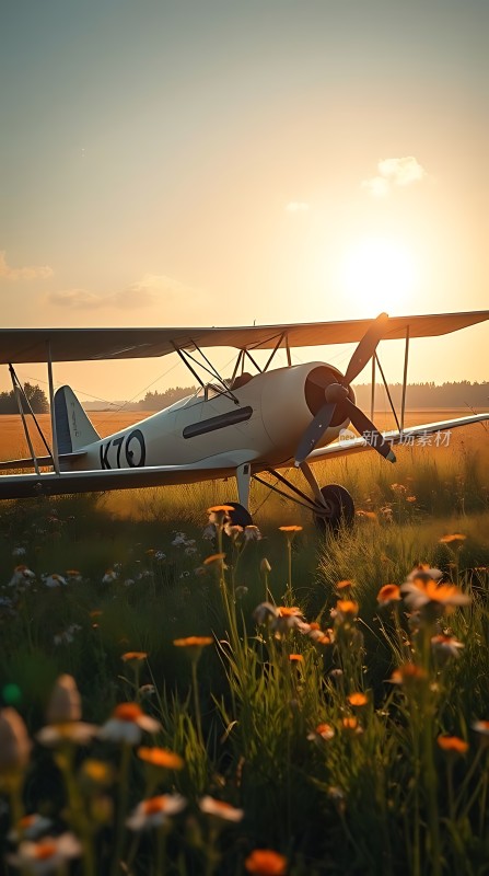 夕阳下的双翼飞机草地花海