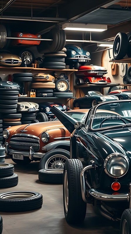 车库里的经典汽车与轮胎