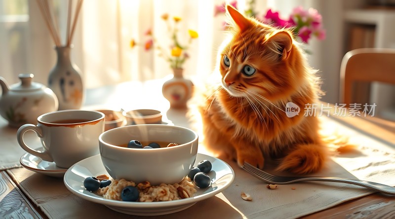阳光下的橘猫与早餐
