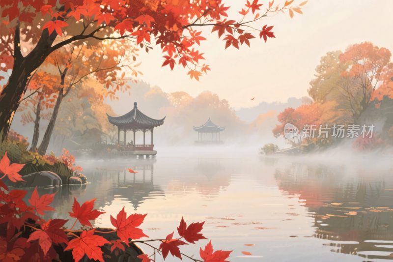 秋日园林湖景插画
