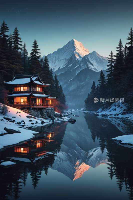 雪山房子和湖泊高清风景插图片