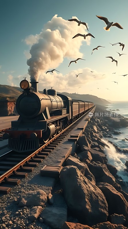 蒸汽火车与海鸥共舞