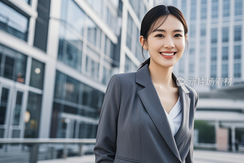 穿着西装的微笑女人站在大楼前高清图片