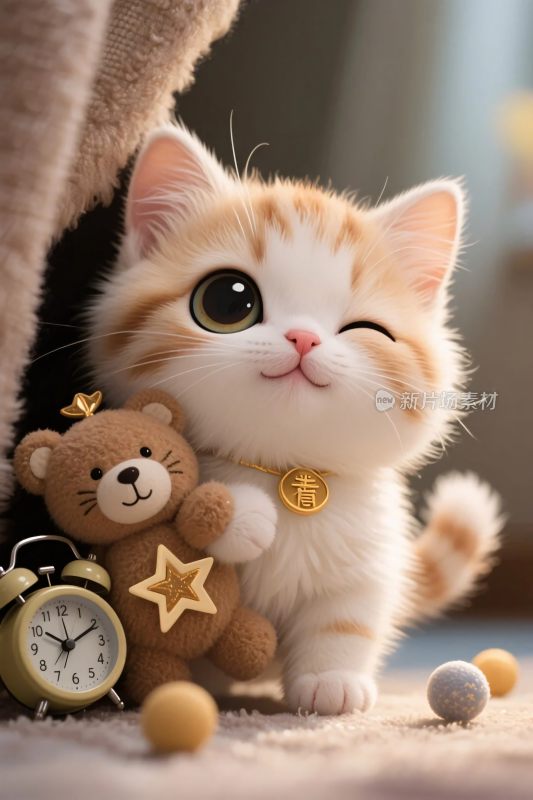 可爱小猫抱玩偶插画