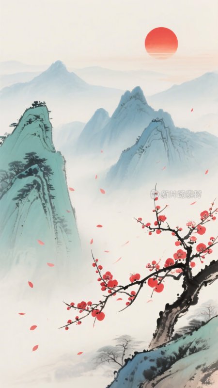 中式山水红梅朝阳图