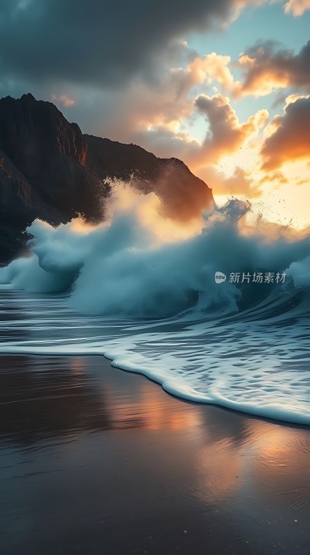 日落时分的海浪与山峦