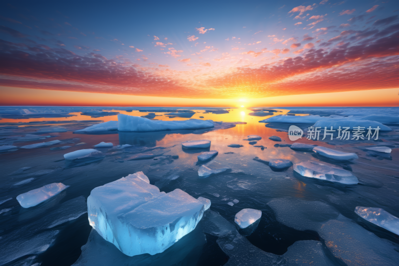 日落时分冰山漂浮在海洋中高清图片