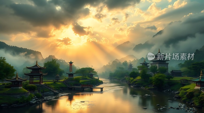 晨曦下的古风山水画卷