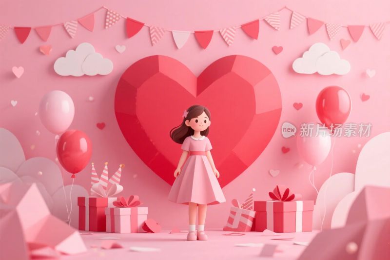 粉色爱心卡通场景插画