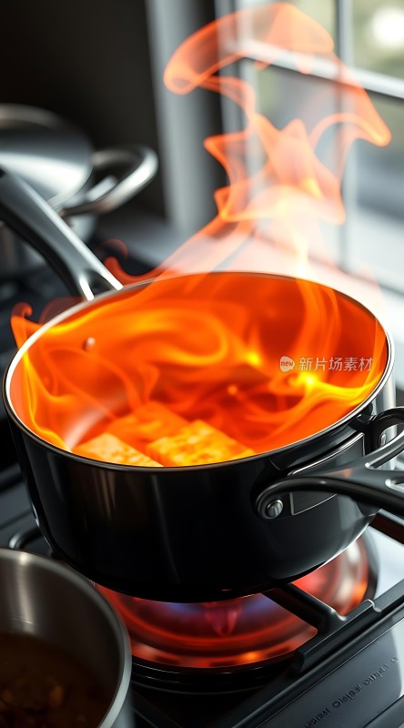 火焰翻腾的锅具烹饪美食