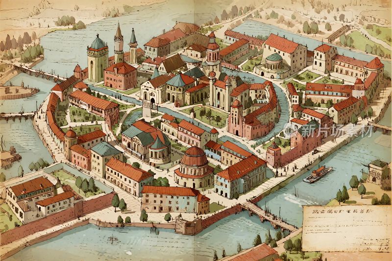 复古城市平面老地图插画