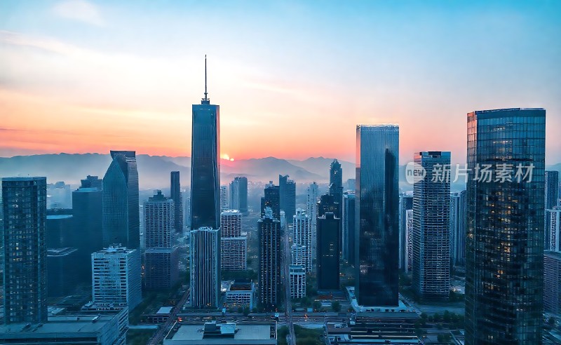 城市日出摩天大楼与晨光共舞