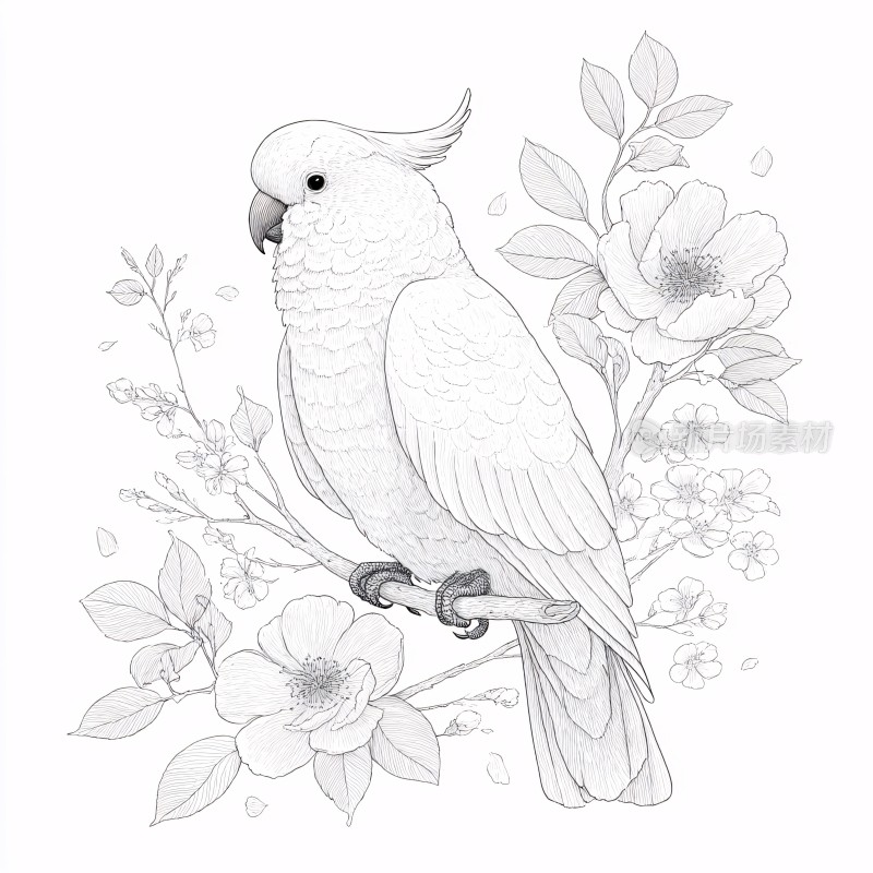 黑白线条鹦鹉花卉插画