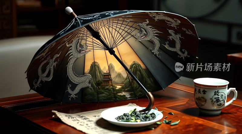龙纹油纸伞与茶具的组合展示传统工艺之美