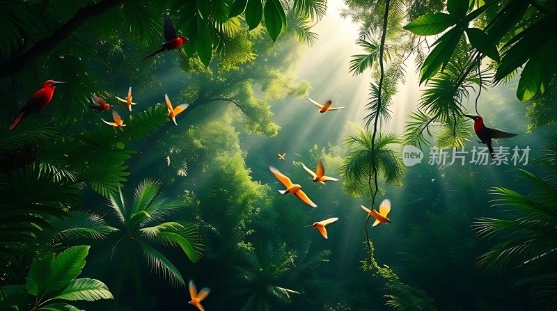 阳光下的热带雨林与飞翔的鸟儿