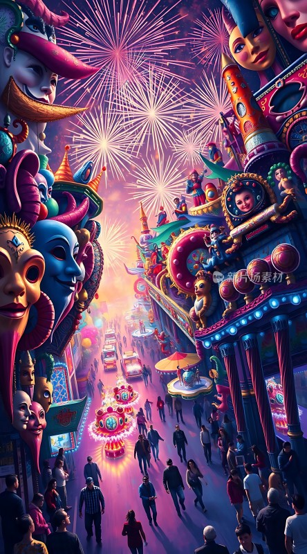 狂欢节之夜面具与烟花交织的梦幻街景