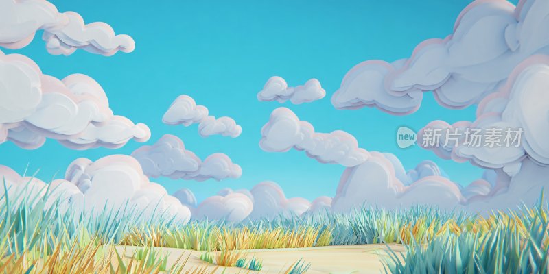 蓝天白云下的草地风景插画