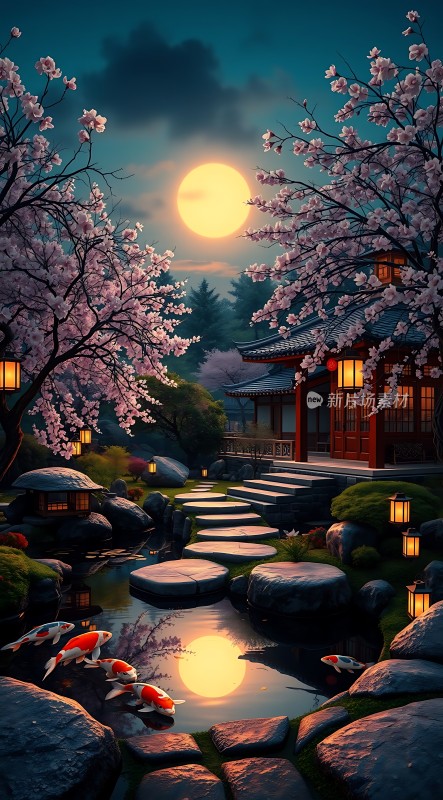 春夜月下樱花池