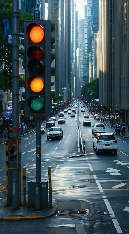 城市街道上的红绿灯和车流