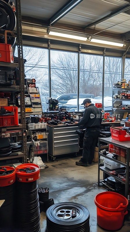 修车工人在工具间忙碌工作