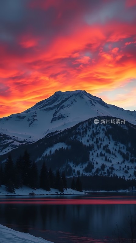 雪山红霞映湖畔静谧美景入眼帘