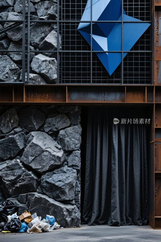 现代几何雕塑与岩石墙面