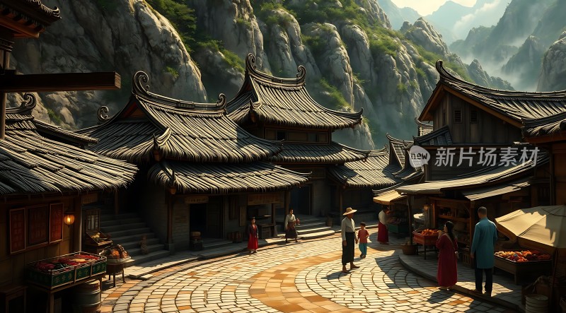古风小镇山间集市