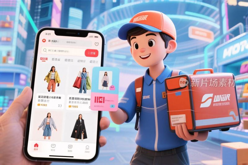 快递员与手机购物场景插画
