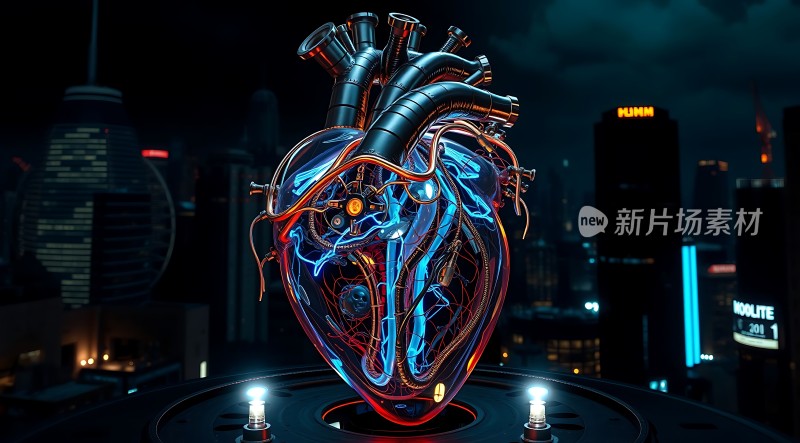 机械之心与都市夜景的结合展现未来科技与人类情感的交融