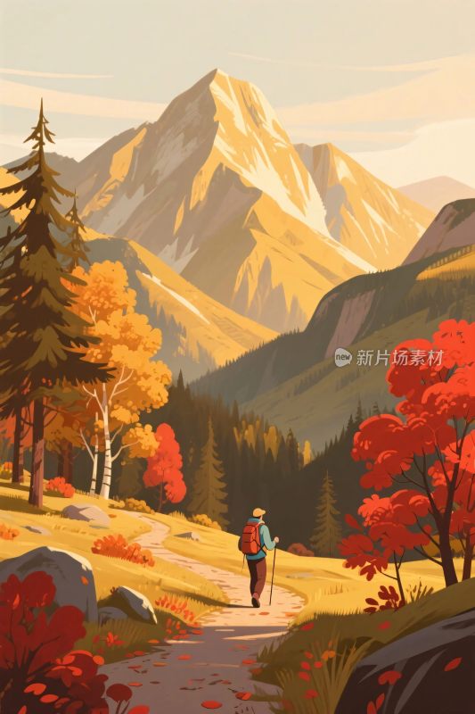 山林徒步风景插画