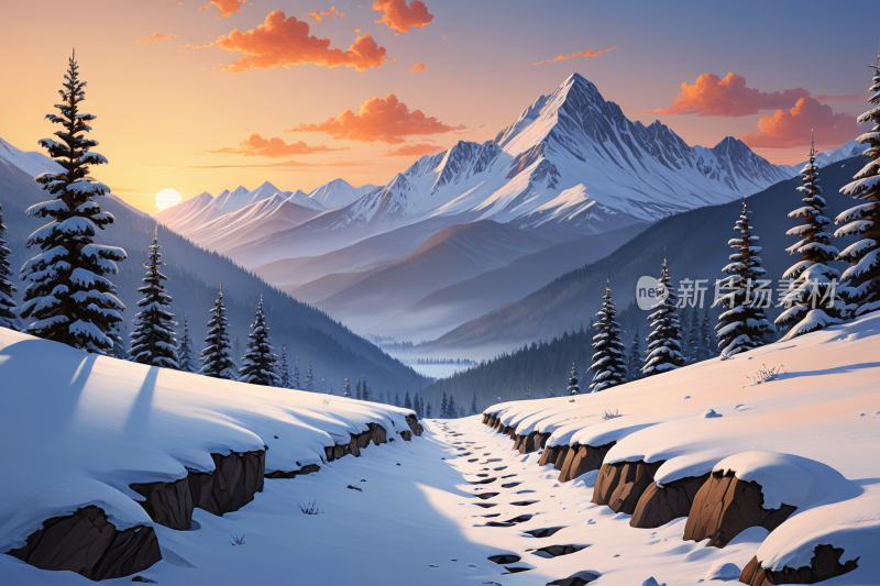 雪山场景一条通往雪山的小路风景插画图片