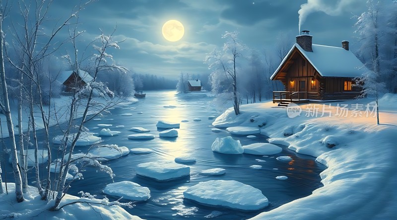 雪夜月光下的温馨小屋