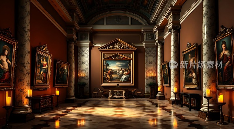 艺术殿堂古典画作与华丽柱廊的完美结合