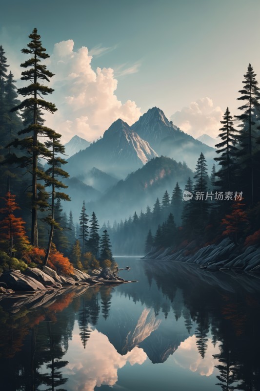 山倒映在树木和岩石的湖中高清风景图片