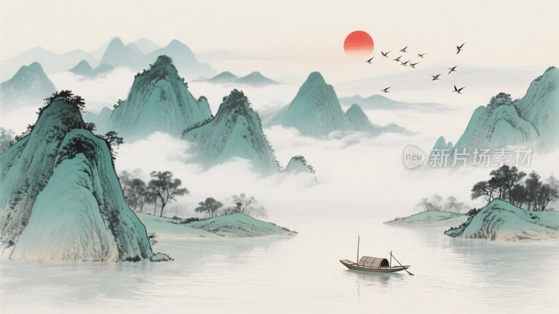 中式山水日出景象