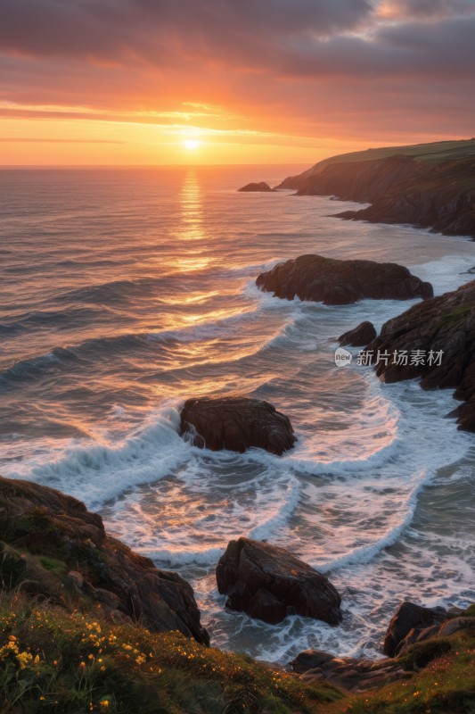 海洋上的日落海浪拍打在岩石上高清风景图片