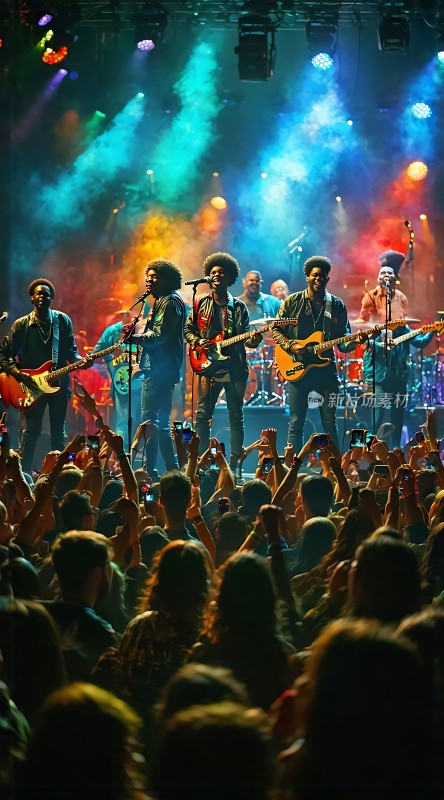舞台灯光璀璨乐队激情演奏观众热情高涨